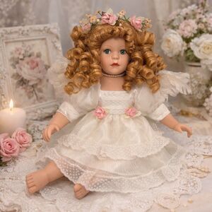 Baby’s Dream Sitting Porcelain Angel Doll Floral Crown Wings Lace Dress 10”